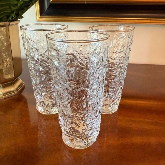 NOS Anchor Hocking Milano Clear Crinkle 14 Oz Tumblers Set Of 3 Vintage 6-3/8" - Picture 1 of 4